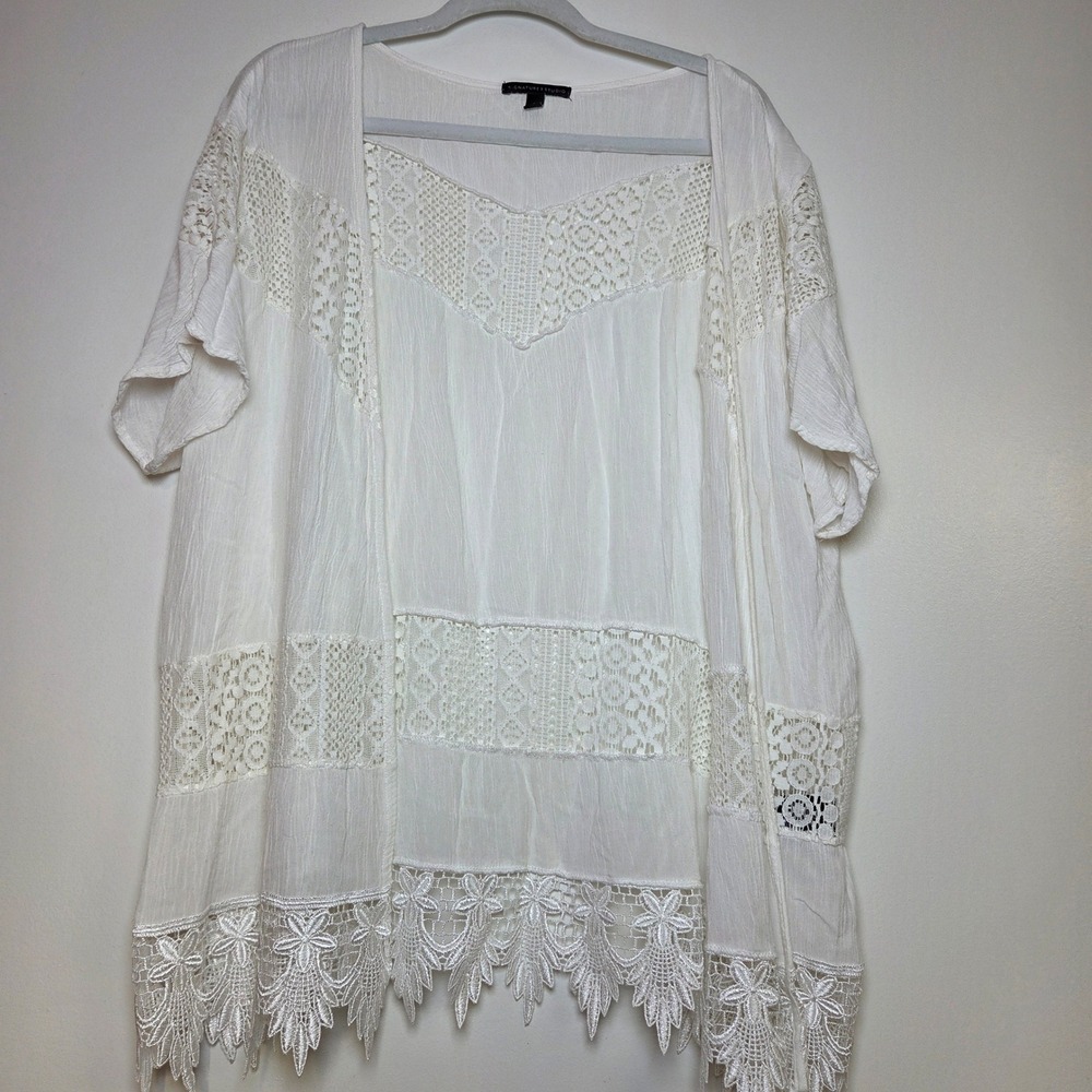 Signature Studio White Lace Kimono Cardigan Crochet Boho Chic Short Sleeve Large
